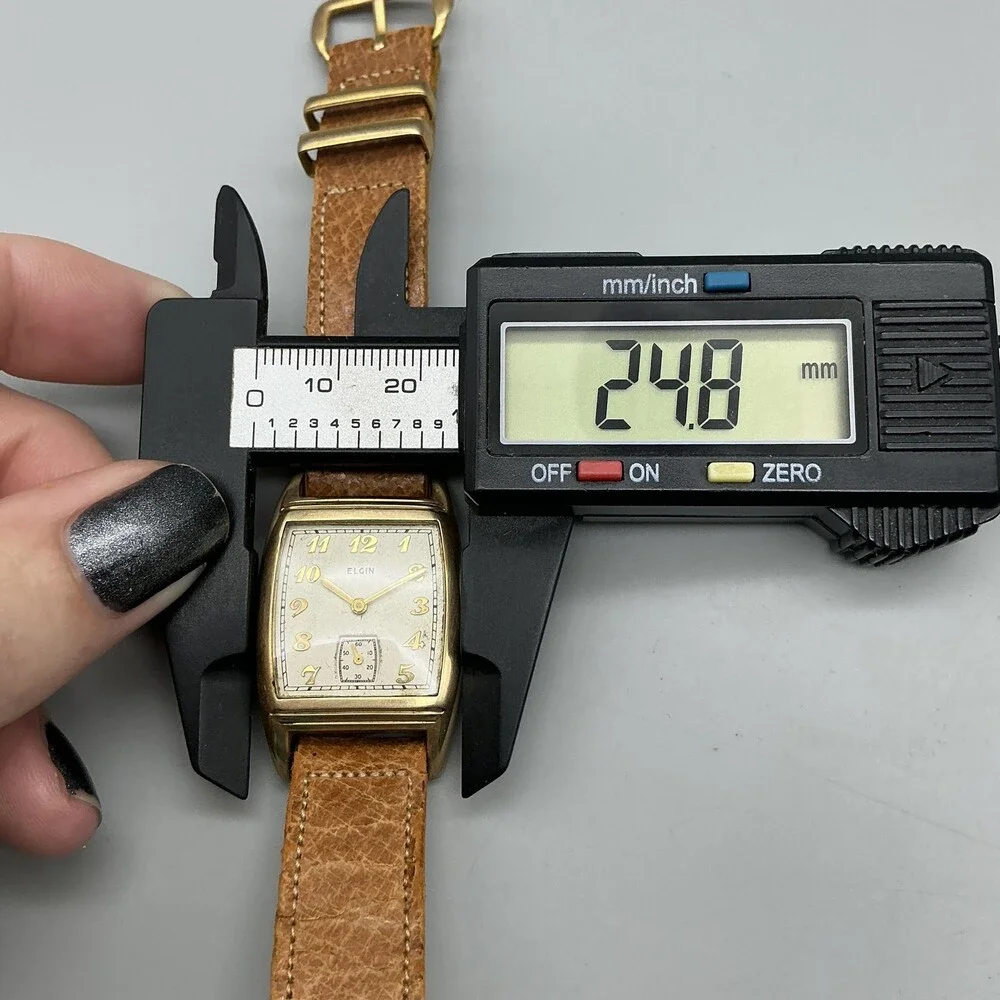 Vintage Elgin Tank Mens Watch 25mm Silver Gold Tone Brown Leather Manual Wind